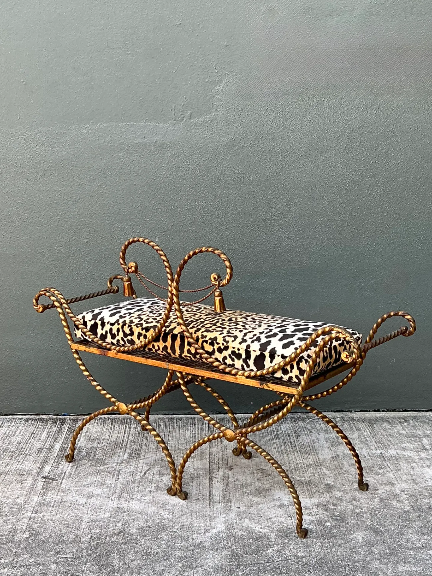 Vintage Twisted Metal Leopard Print Swag Bench — additional photo 4