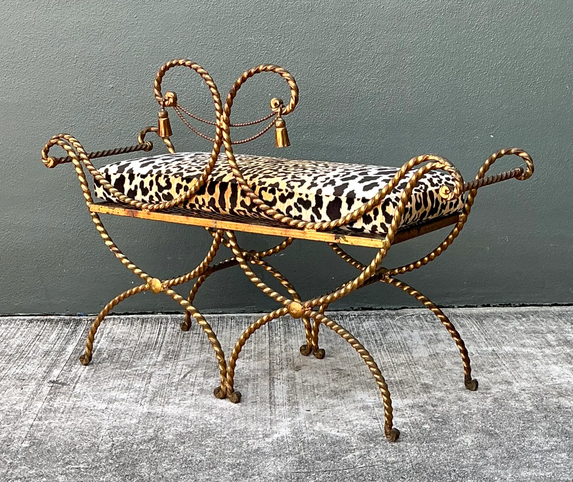 Vintage Twisted Metal Leopard Print Swag Bench — additional photo 7