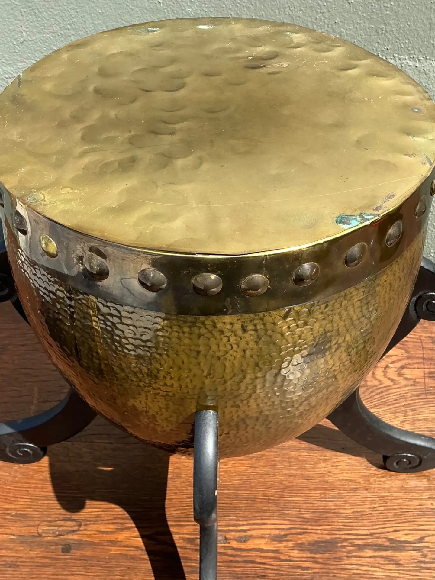 Vintage Hammered Brass Drum Table — additional photo 2