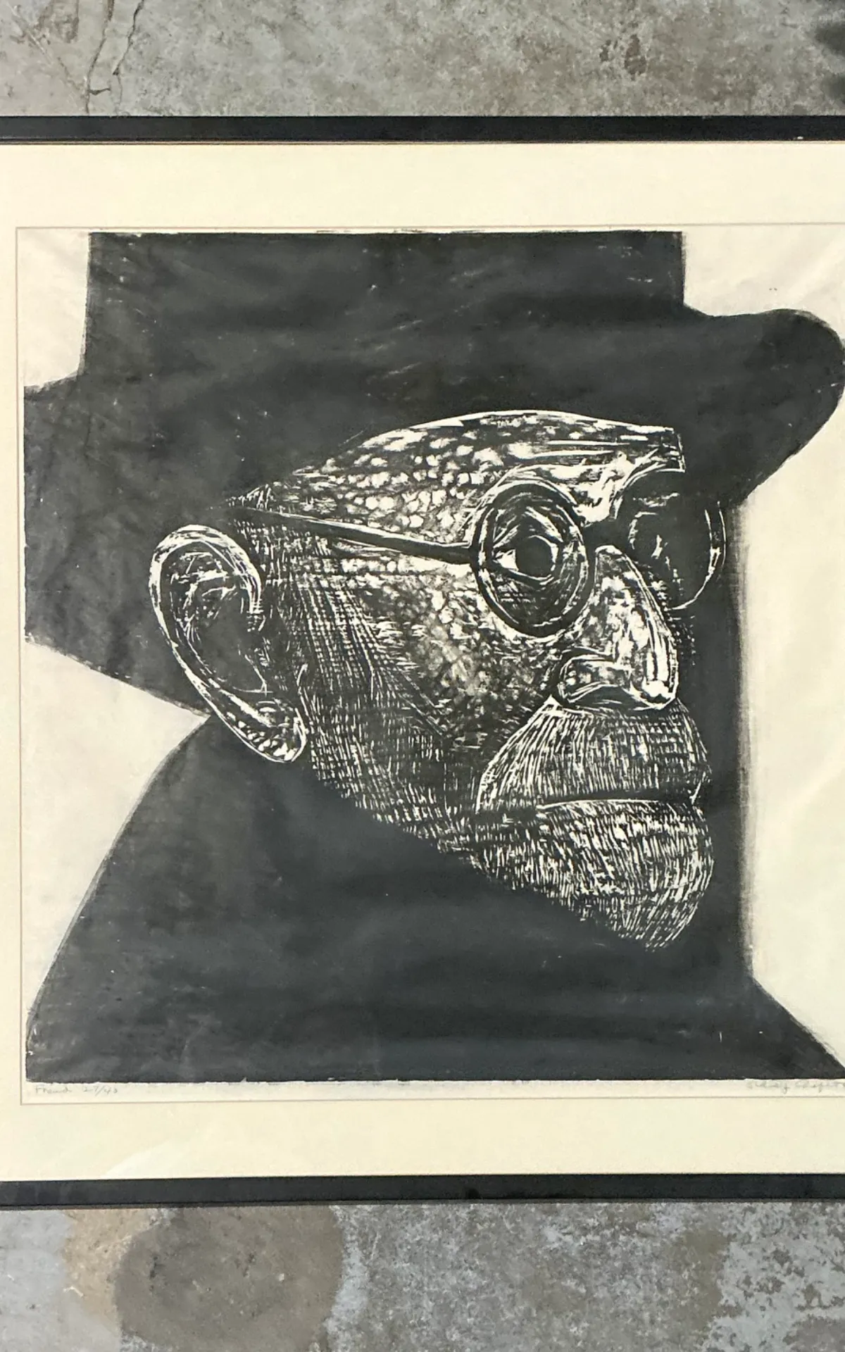 Vintage Black and White Framed Woodcut Of Sigmund Freud — additional photo 3