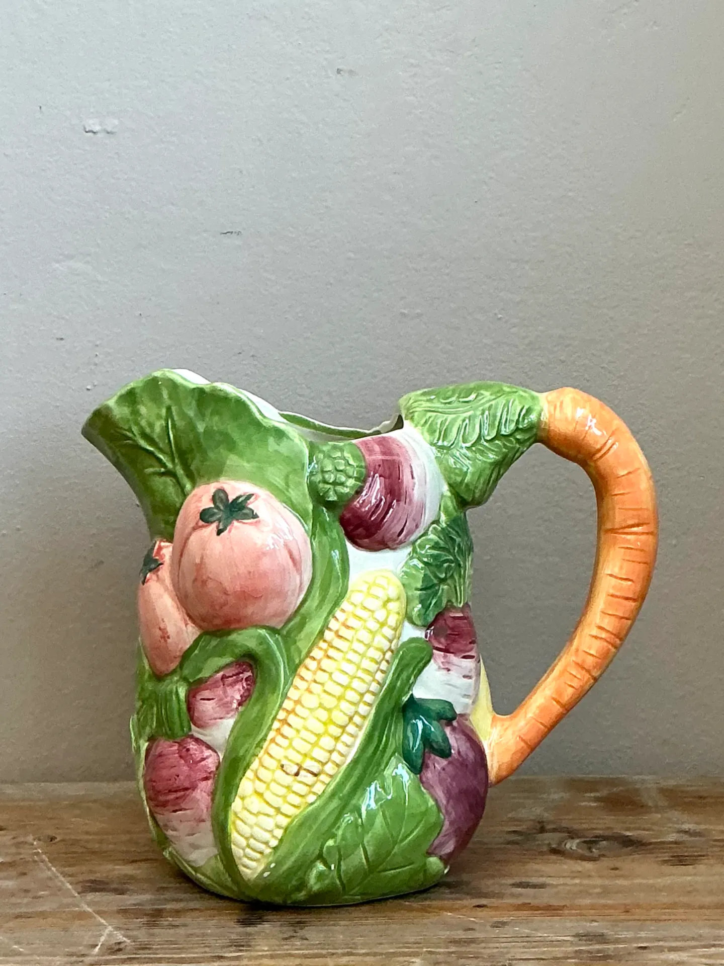 Vintage Hand-Painted Vegetable Ceramic Pitcher — additional photo 2