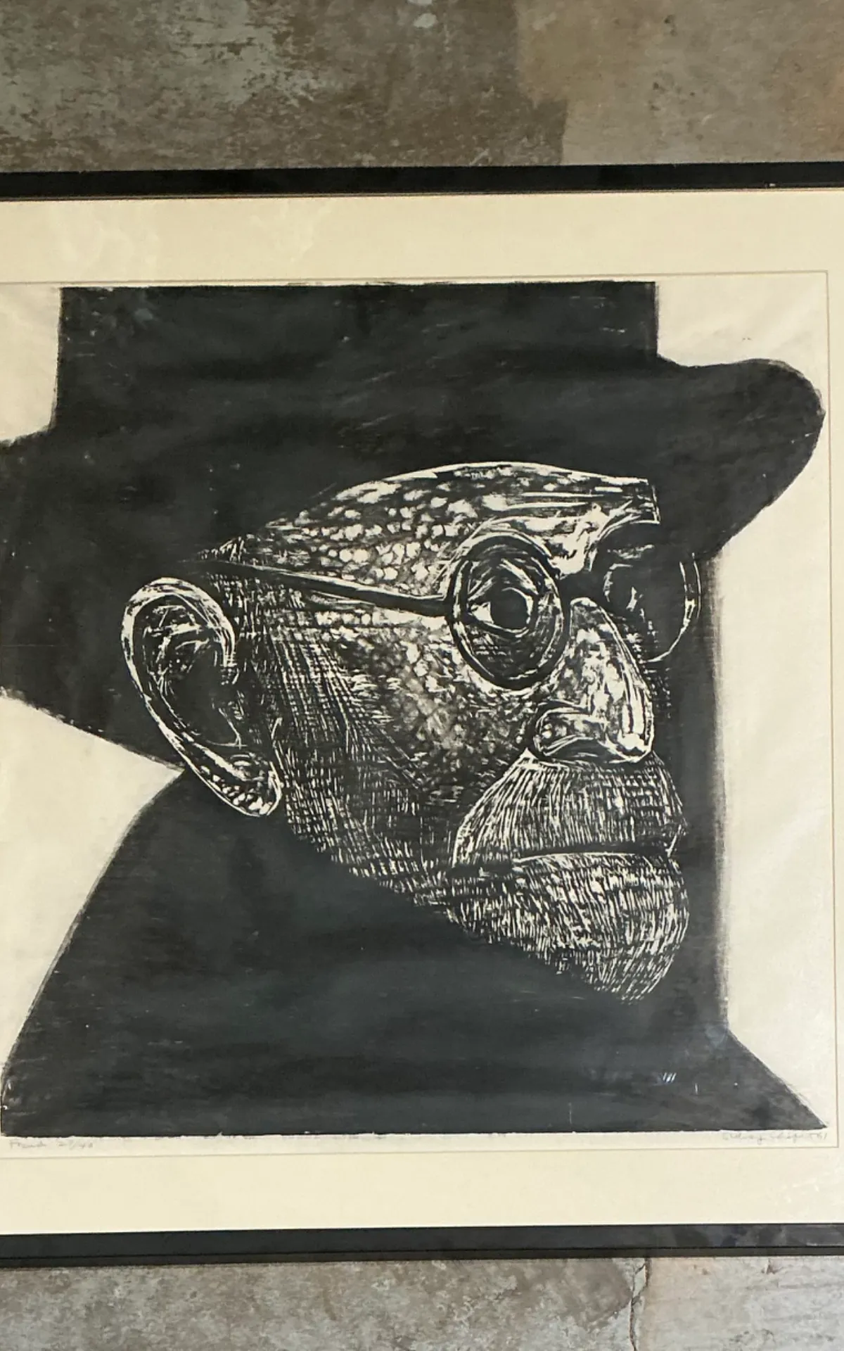 Vintage Black and White Framed Woodcut Of Sigmund Freud — additional photo 1