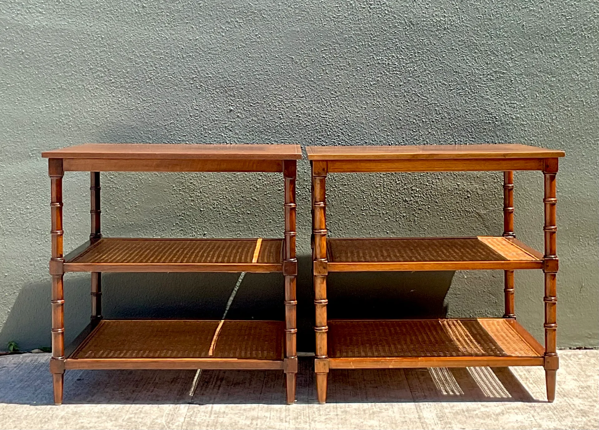 Vintage Wood and Cane Tiered Side Tables — additional photo 1