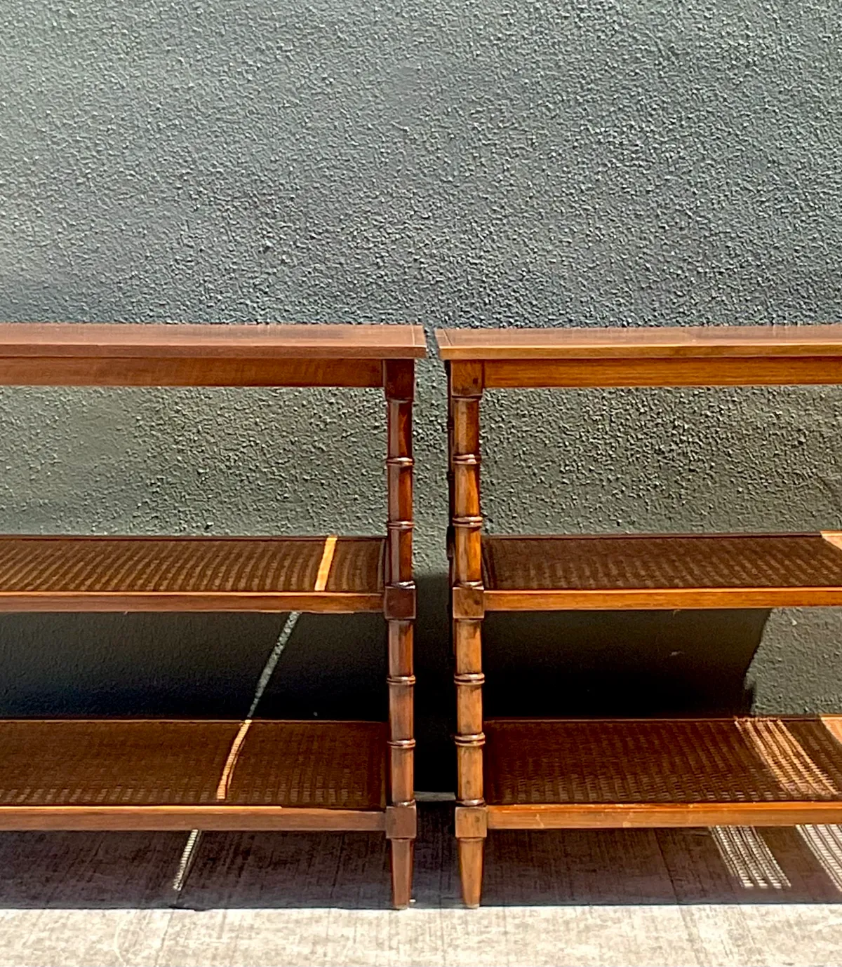 Vintage Wood and Cane Tiered Side Tables