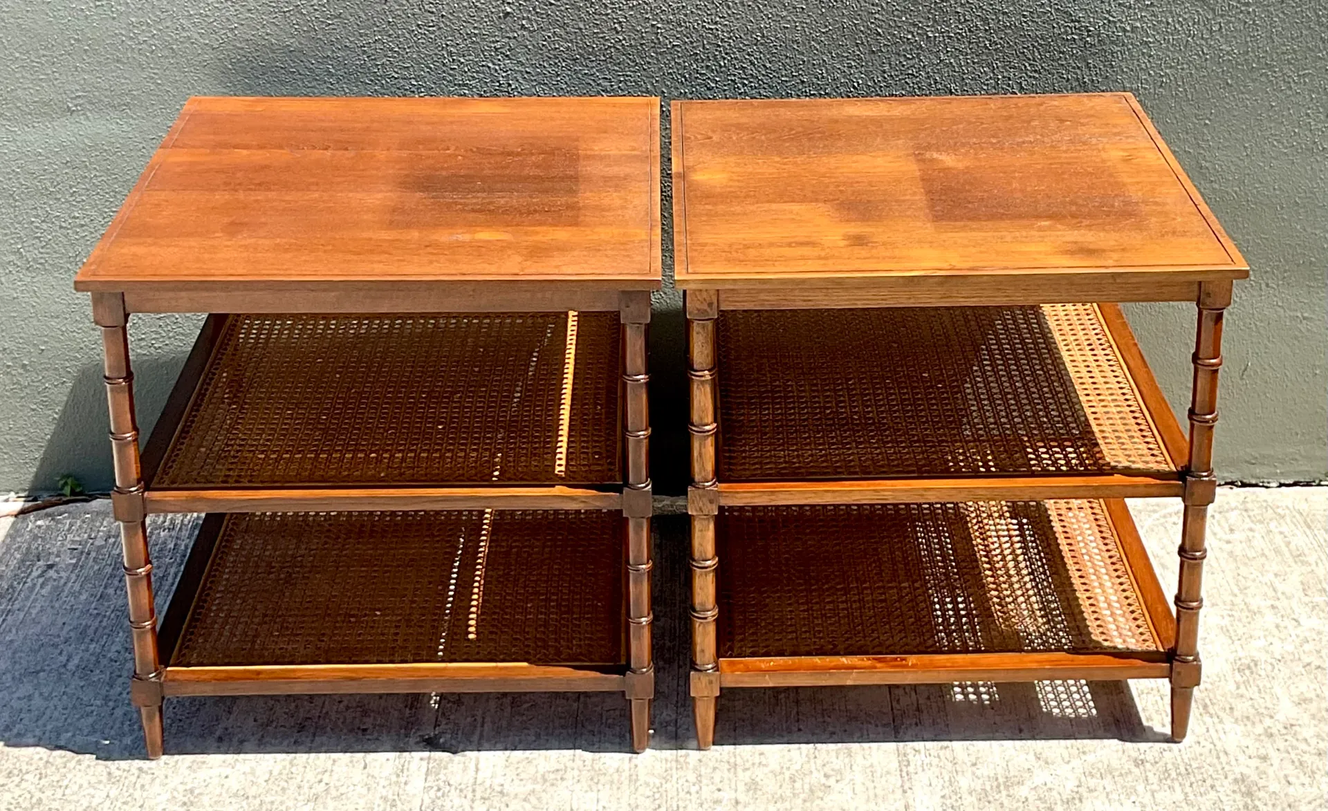 Vintage Wood and Cane Tiered Side Tables — additional photo 3