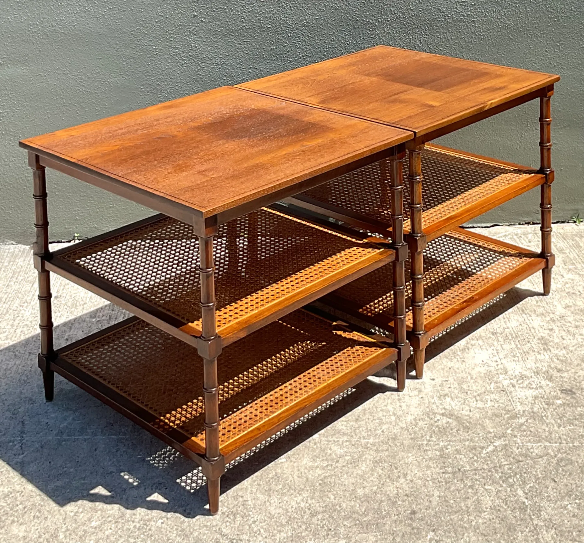 Vintage Wood and Cane Tiered Side Tables — additional photo 2