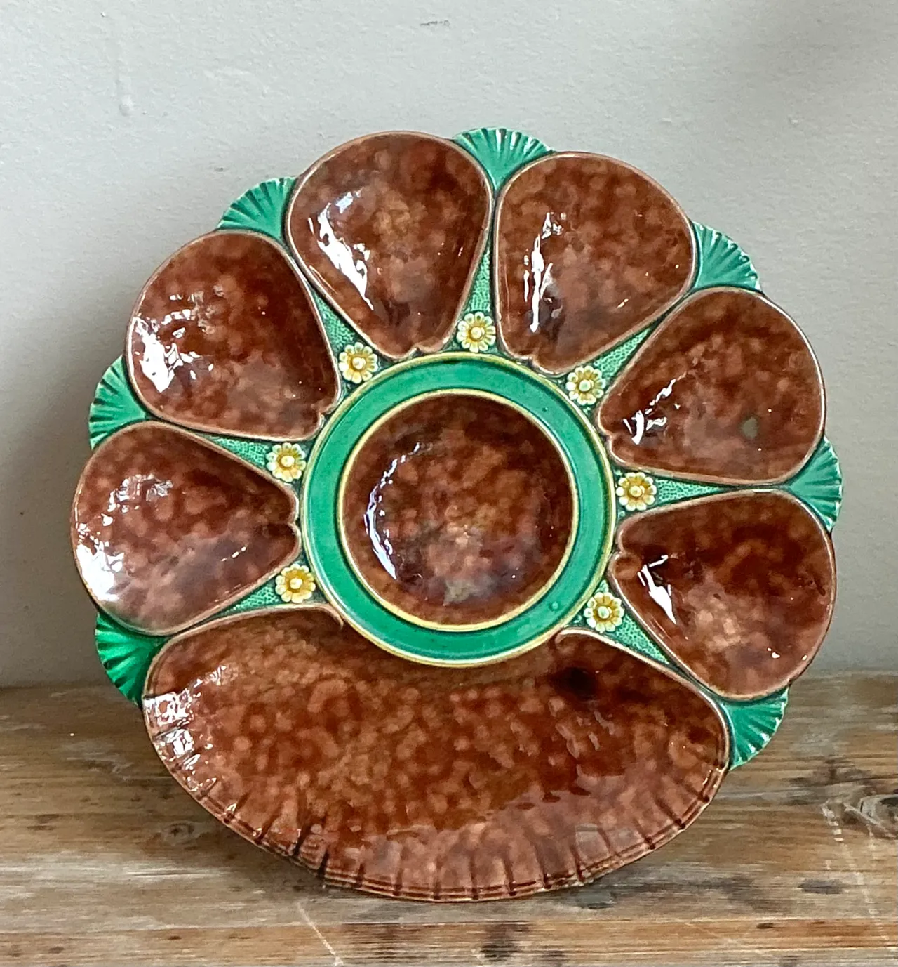 Vintage Brown and Green Majolica Oyster Plate