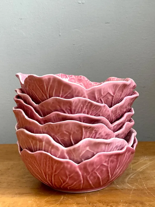 Vintage Bordallo Pinheiro Pink Cabbage Leaf Ceramic Bowls - Set of 6 — additional photo 2