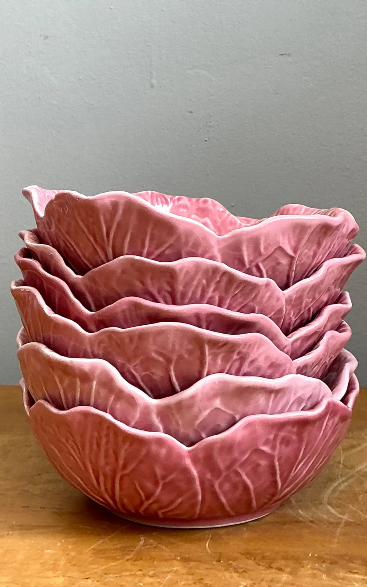 Vintage Bordallo Pinheiro Pink Cabbage Leaf Ceramic Bowls - Set of 6 — additional photo 4