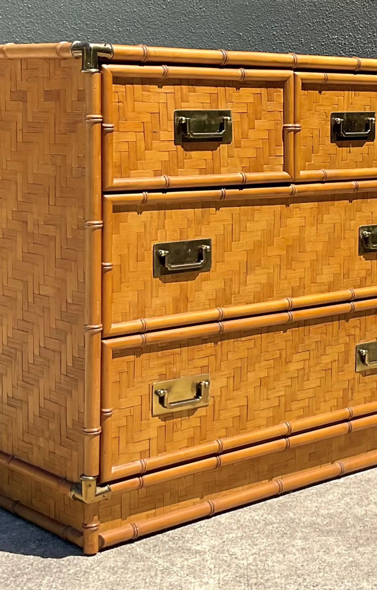 Vintage Dixie Parquet Rattan Six-Drawer Dresser