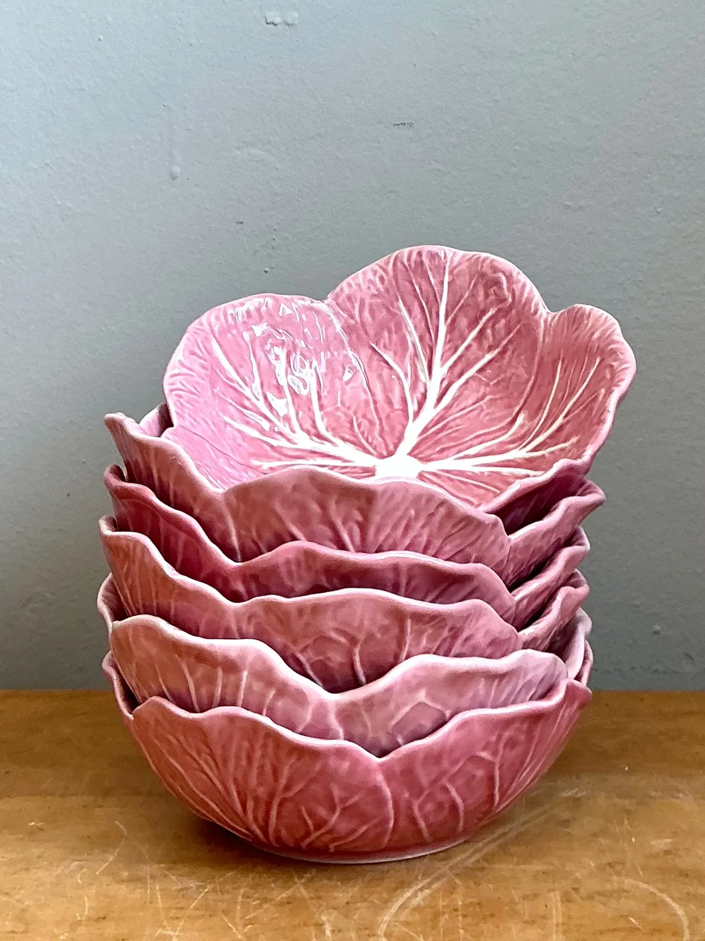 Vintage Bordallo Pinheiro Pink Cabbage Leaf Ceramic Bowls - Set of 6 - Ceramic, 6.75W x 2.5H — additional photo 3