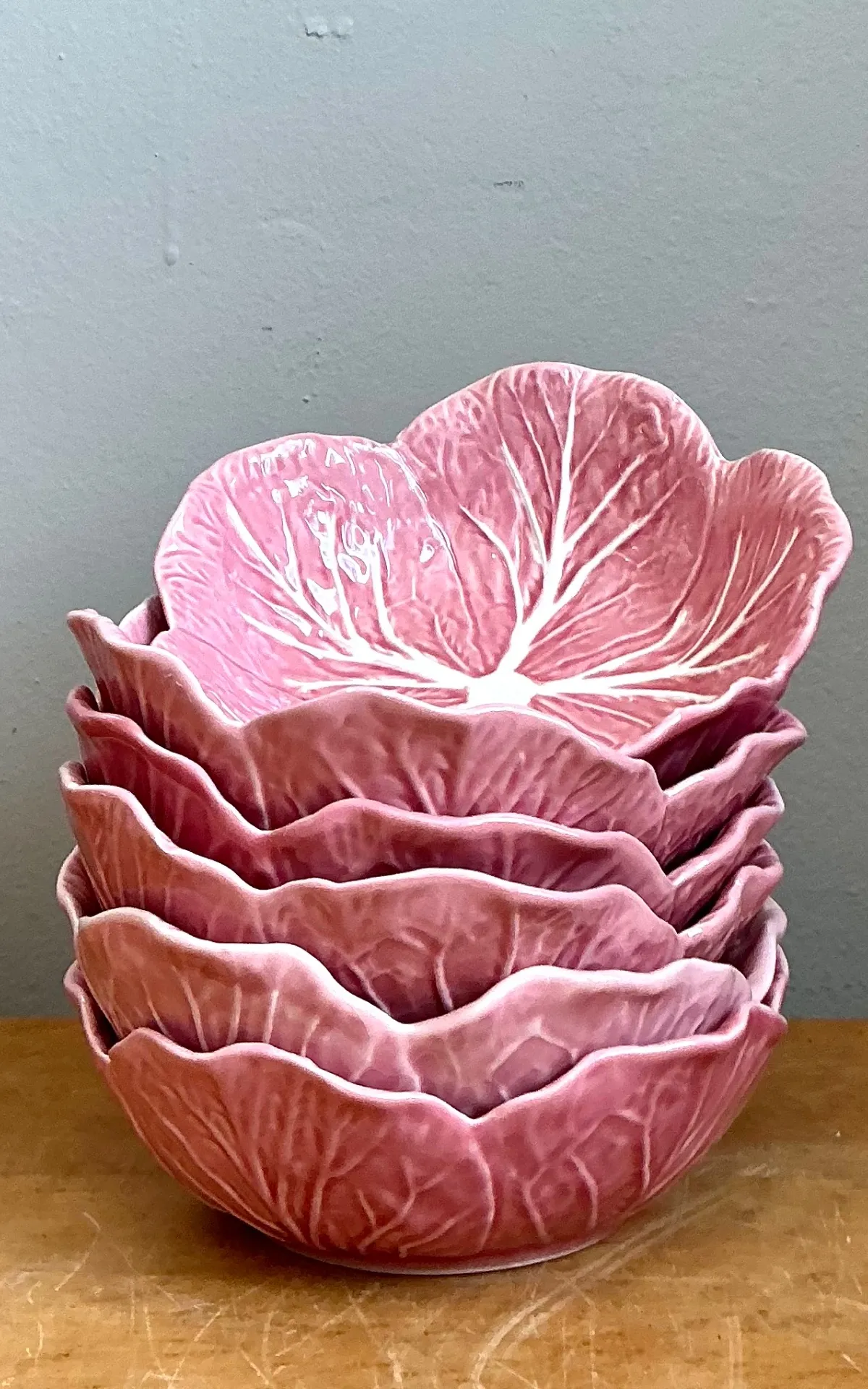 Vintage Bordallo Pinheiro Pink Cabbage Leaf Ceramic Bowls - Set of 6 - Ceramic, 6.75W x 2.5H — additional photo 3