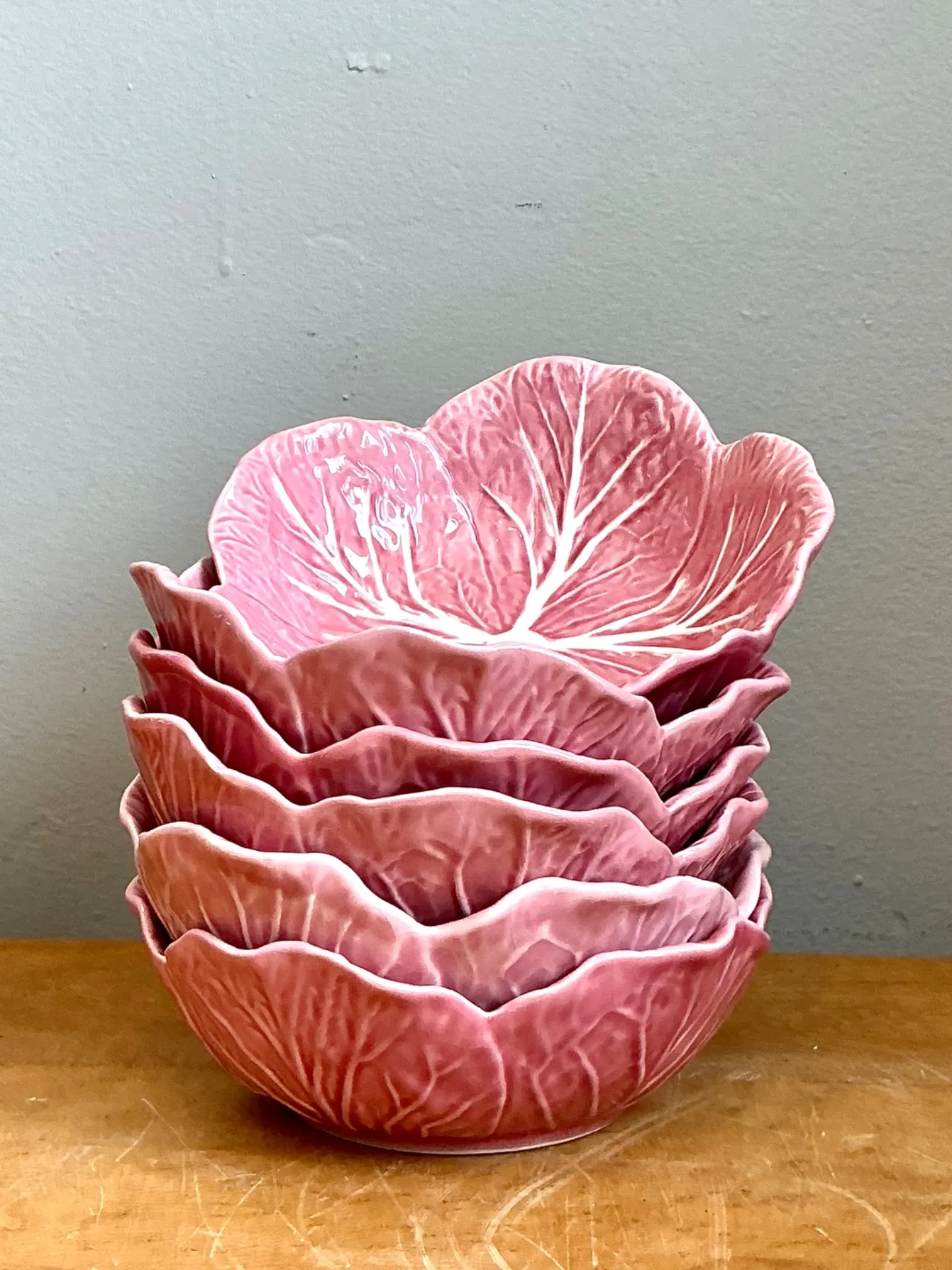Vintage Bordallo Pinheiro Pink Cabbage Leaf Ceramic Bowls - Set of 6 - Ceramic, 6.75W x 2.5H — additional photo 6