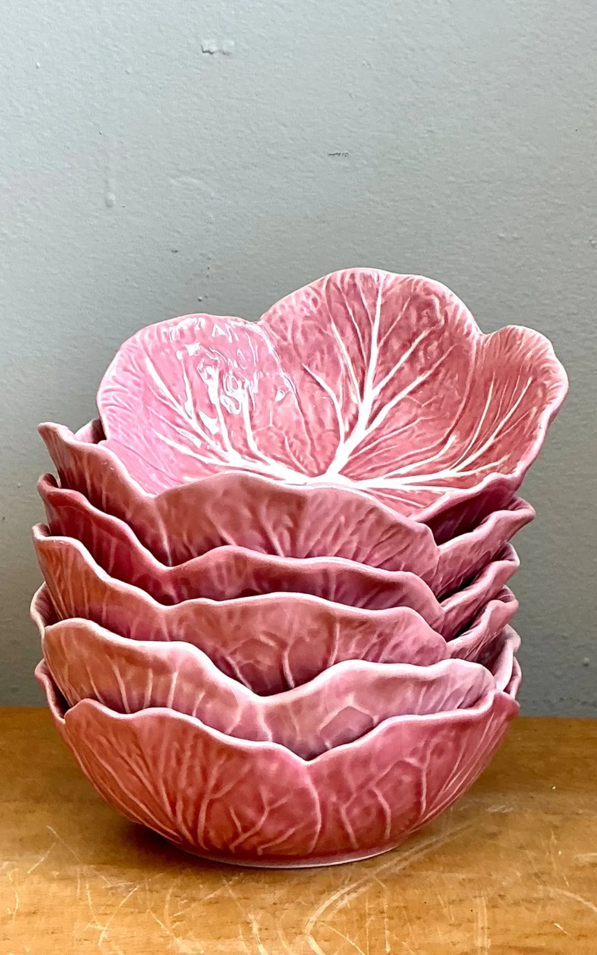 Vintage Bordallo Pinheiro Pink Cabbage Leaf Ceramic Bowls - Set of 6 - Ceramic, 6.75W x 2.5H — additional photo 6