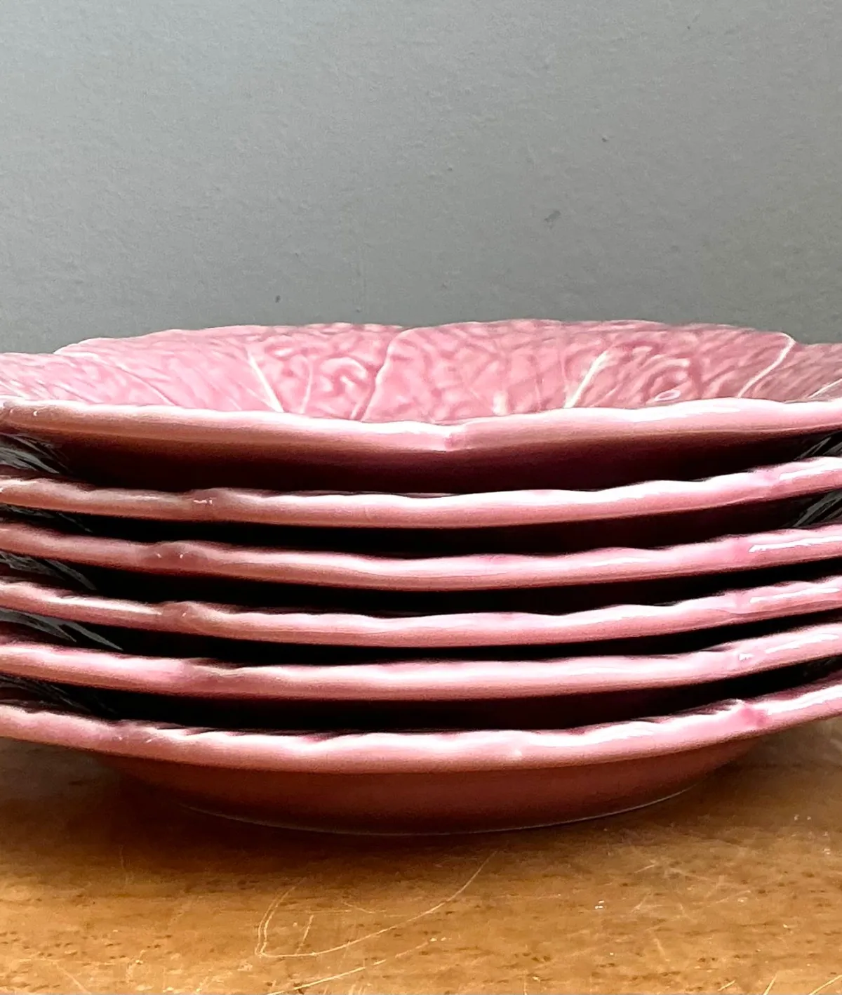 Vintage Bordallo Pinheiro Pink Cabbage Leaf Plates - Set of 6