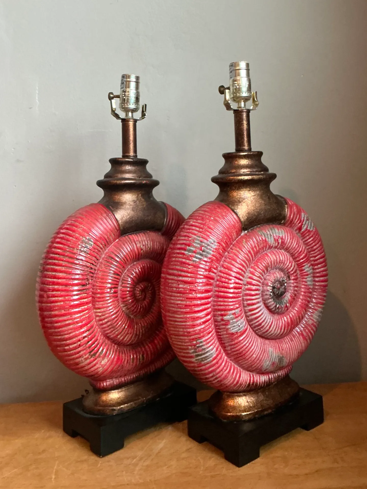 Vintage Red Nautilus Ceramic Table Lamps — additional photo 2