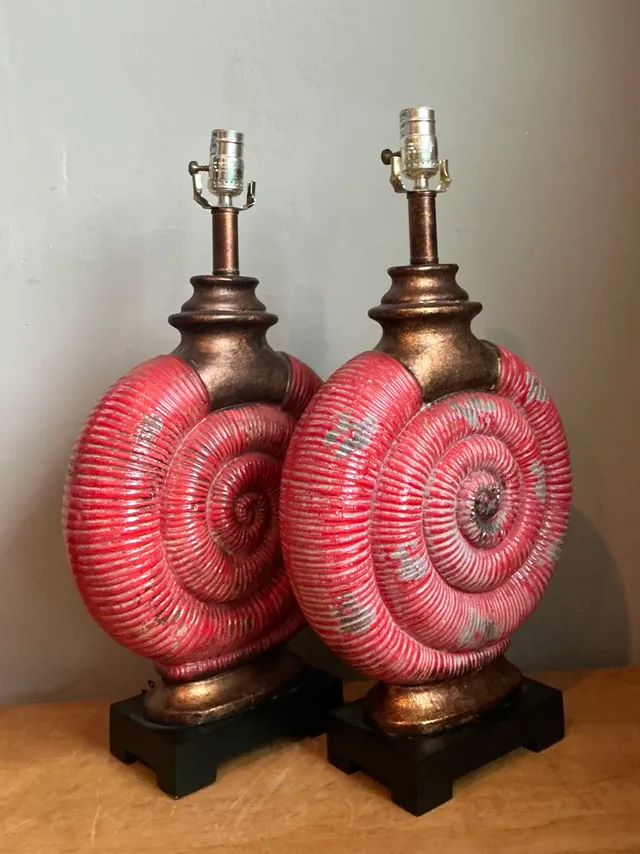 Vintage Red Nautilus Ceramic Table Lamps — additional photo 2