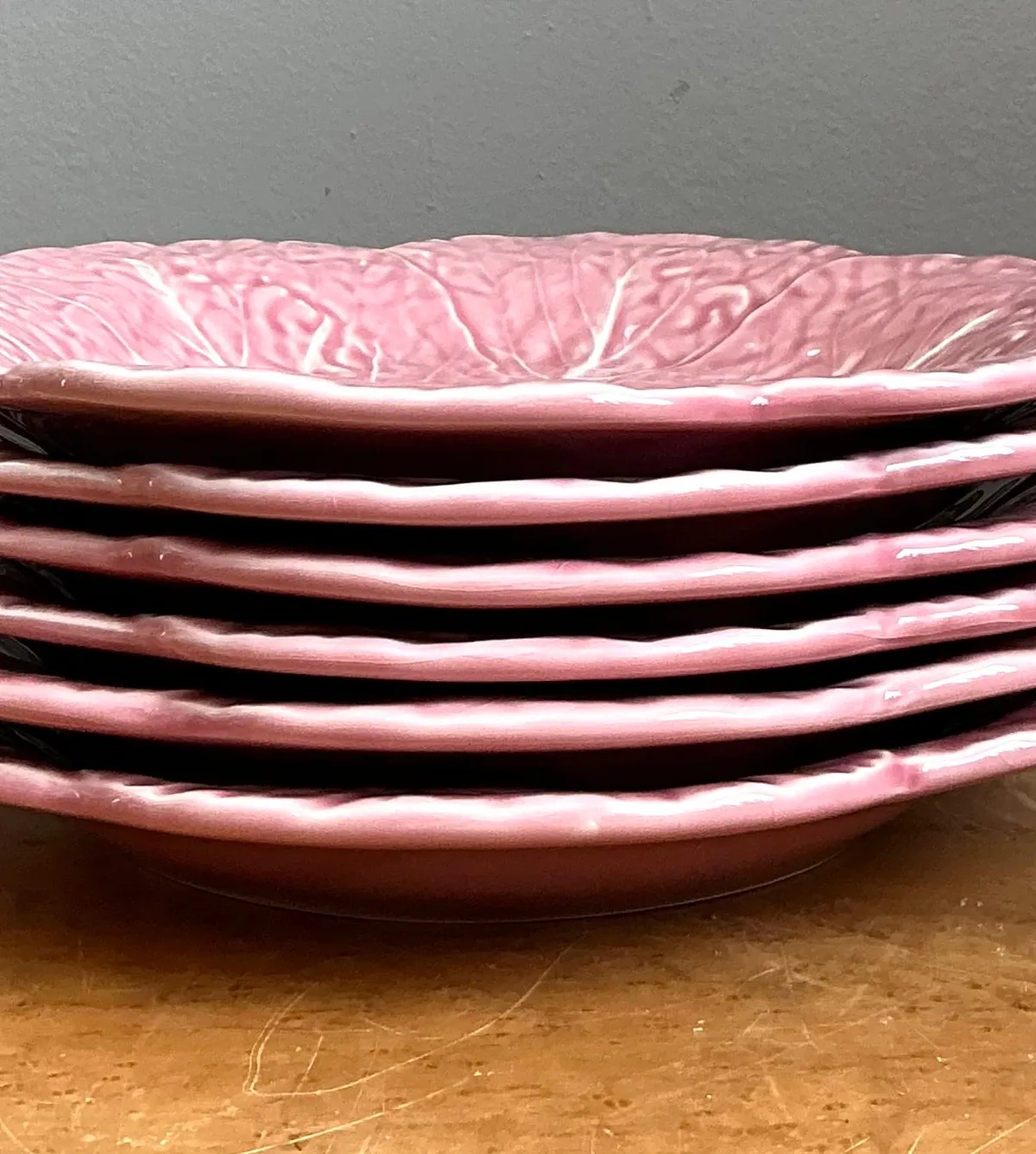 Vintage Bordallo Pinheiro Pink Cabbage Leaf Plates - Set of 4 - Top view