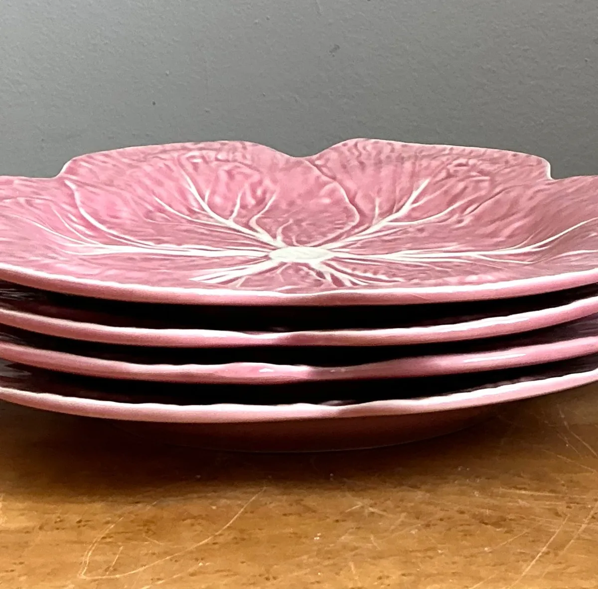 Vintage Bordallo Pinheiro Pink Cabbage Leaf Plates - Set of 4 - Back view