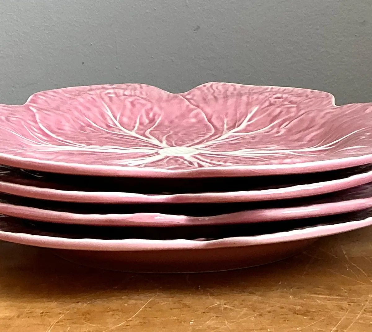 Vintage Bordallo Pinheiro Pink Cabbage Leaf Plates - Set of 4 - Side view