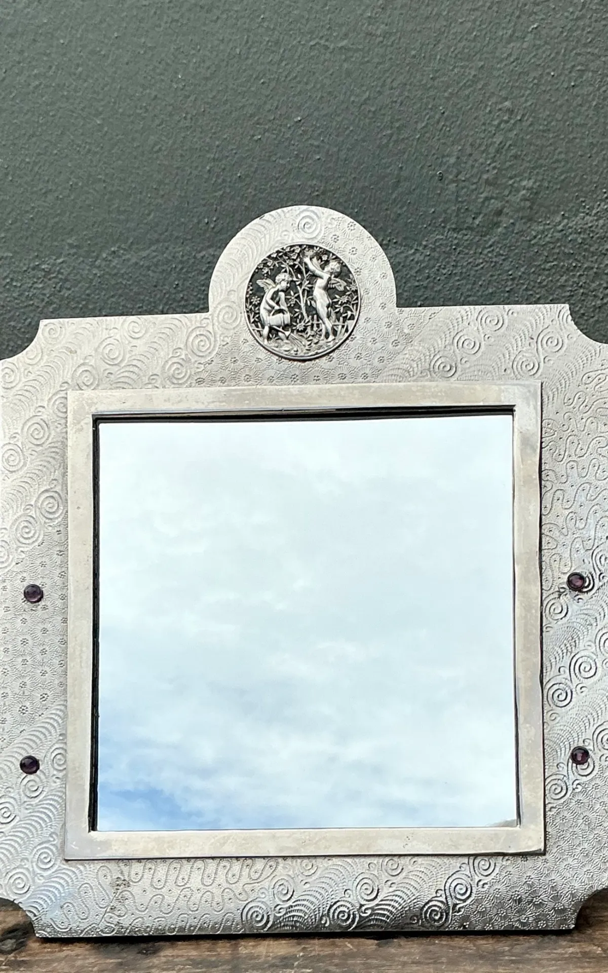 Vintage Silver Decorative Table Mirror with Jeweled Embellishments — additional photo 2