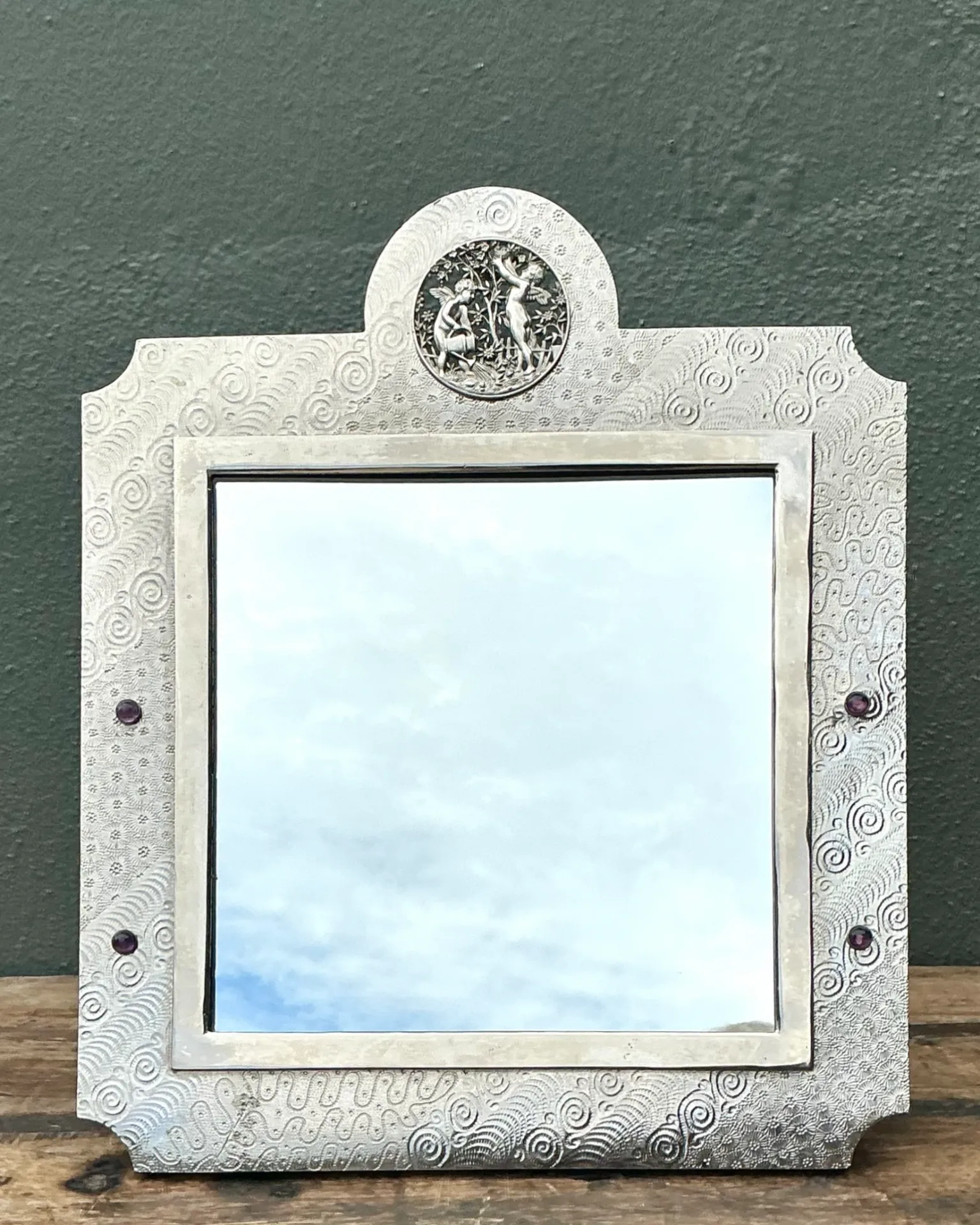 Vintage Silver Decorative Table Mirror with Jeweled Embellishments — additional photo 4
