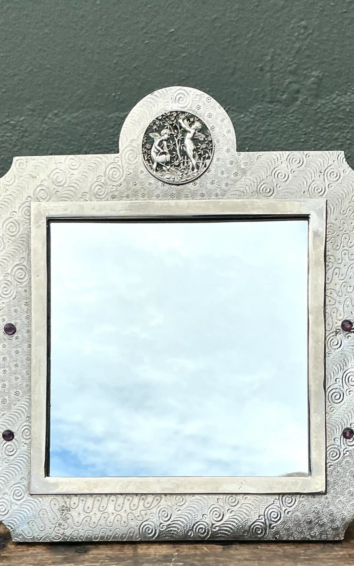 Vintage Silver Decorative Table Mirror with Jeweled Embellishments — additional photo 4