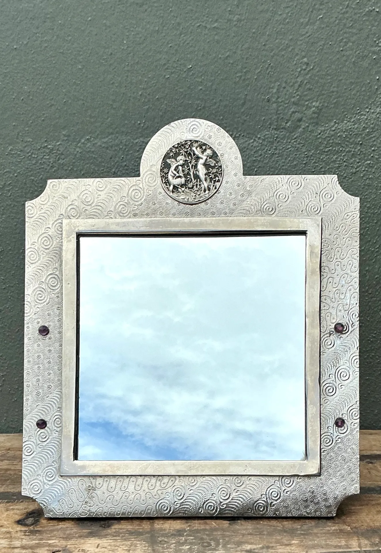 Vintage Silver Decorative Table Mirror with Jeweled Embellishments — additional photo 6