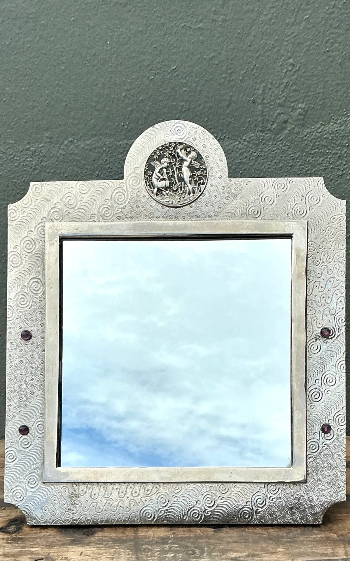 Vintage Silver Decorative Table Mirror with Jeweled Embellishments — additional photo 6