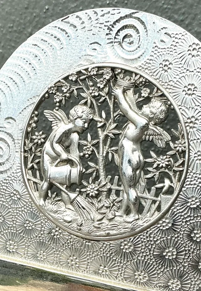 Vintage Silver Decorative Table Mirror with Jeweled Embellishments — additional photo 7