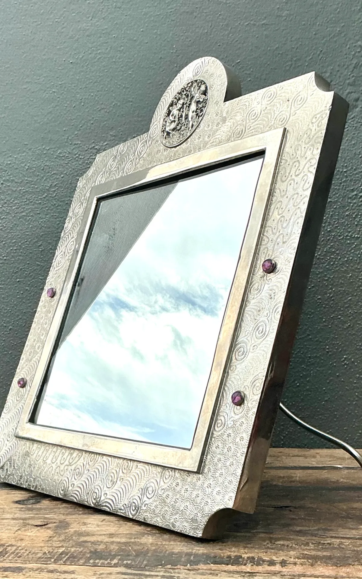 Vintage Silver Decorative Table Mirror with Jeweled Embellishments
