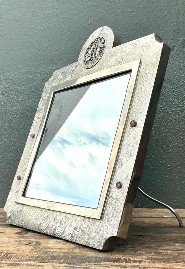 Vintage Silver Decorative Table Mirror with Jeweled Embellishments — additional photo 1