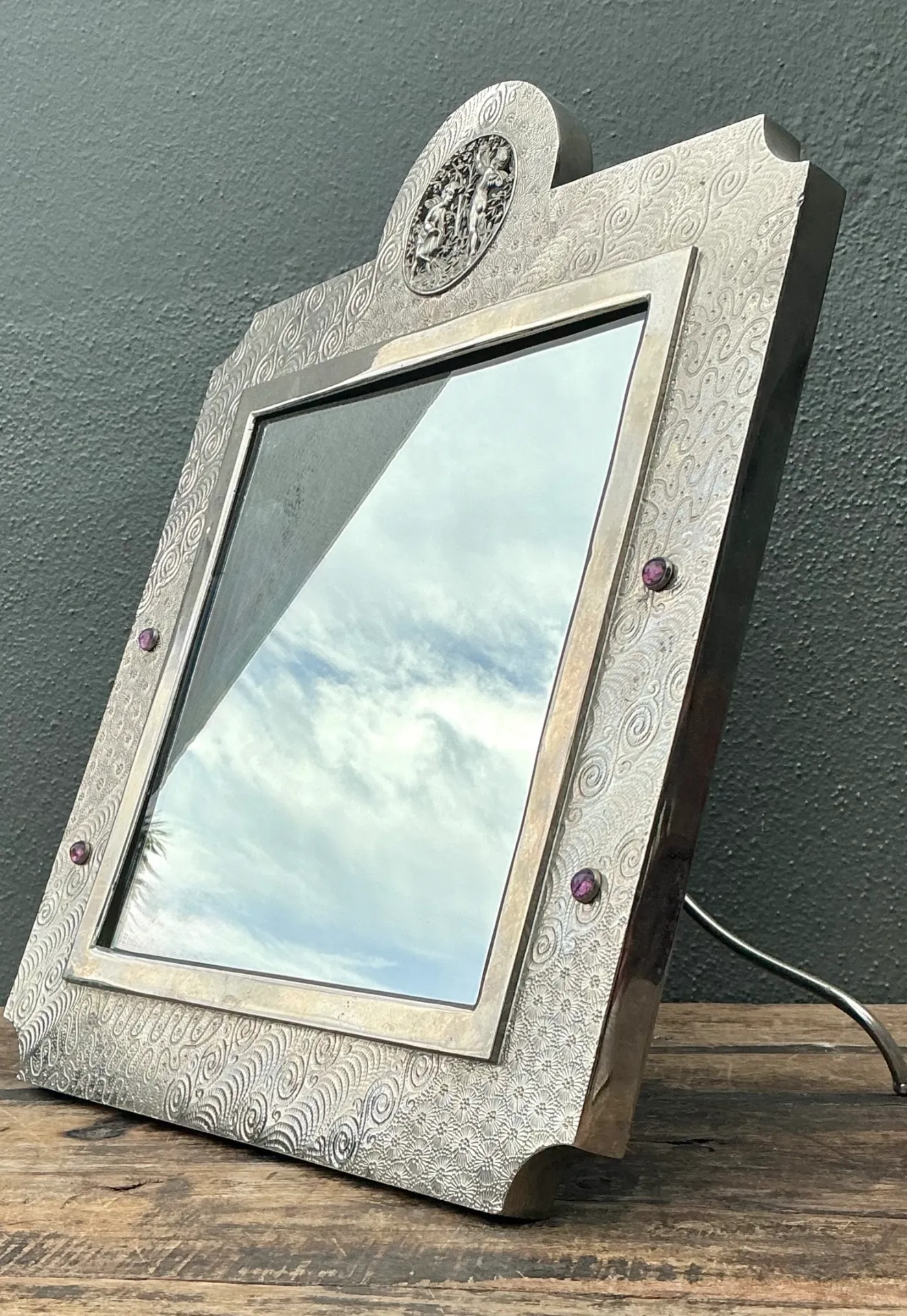 Vintage Silver Decorative Table Mirror with Jeweled Embellishments — additional photo 3