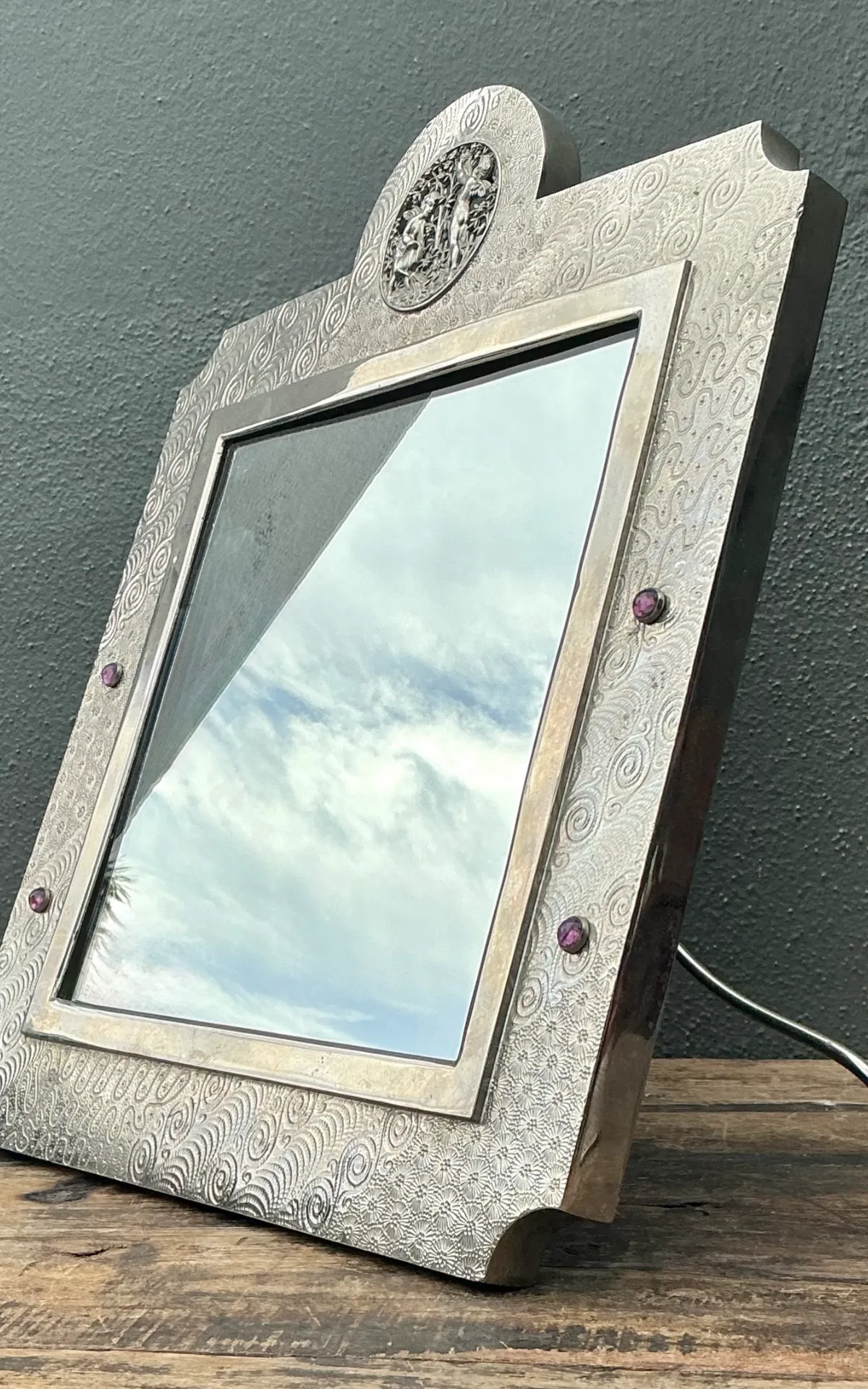 Vintage Silver Decorative Table Mirror with Jeweled Embellishments — additional photo 3