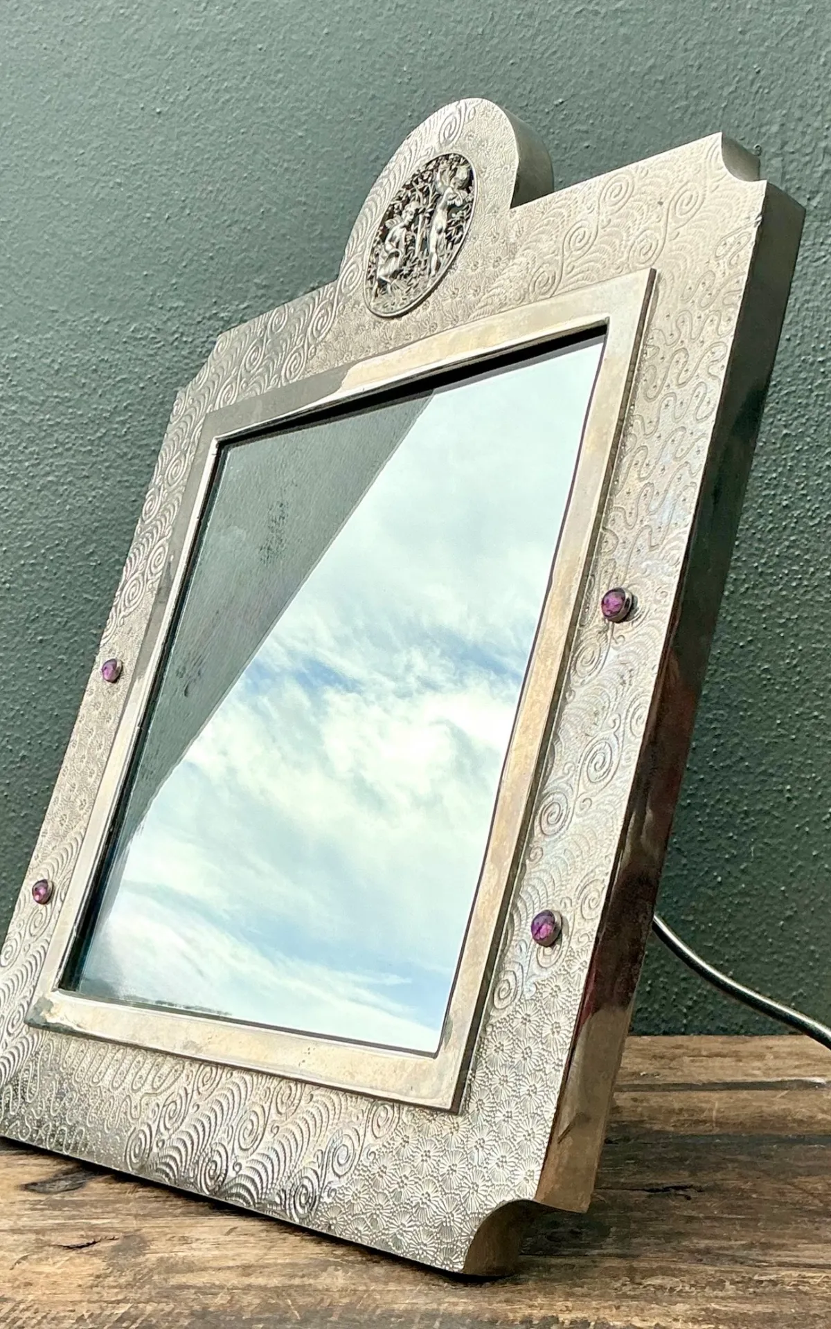 Vintage Silver Decorative Table Mirror with Jeweled Embellishments — additional photo 5