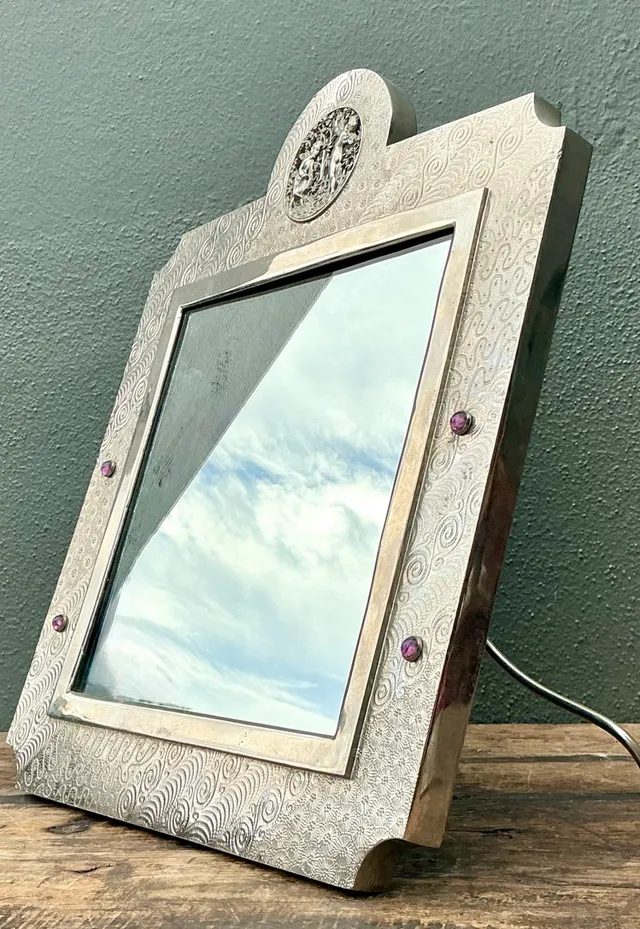 Vintage Silver Decorative Table Mirror with Jeweled Embellishments — additional photo 5