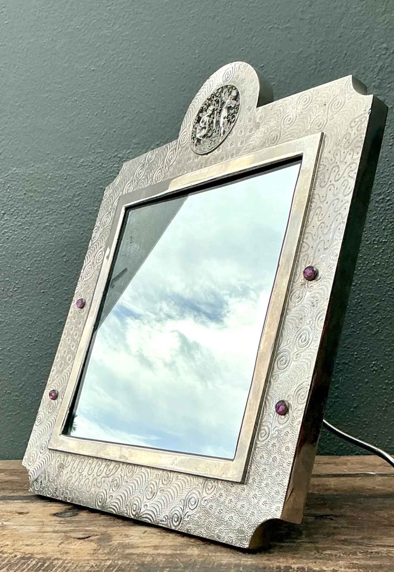 Vintage Silver Decorative Table Mirror with Jeweled Embellishments — additional photo 8