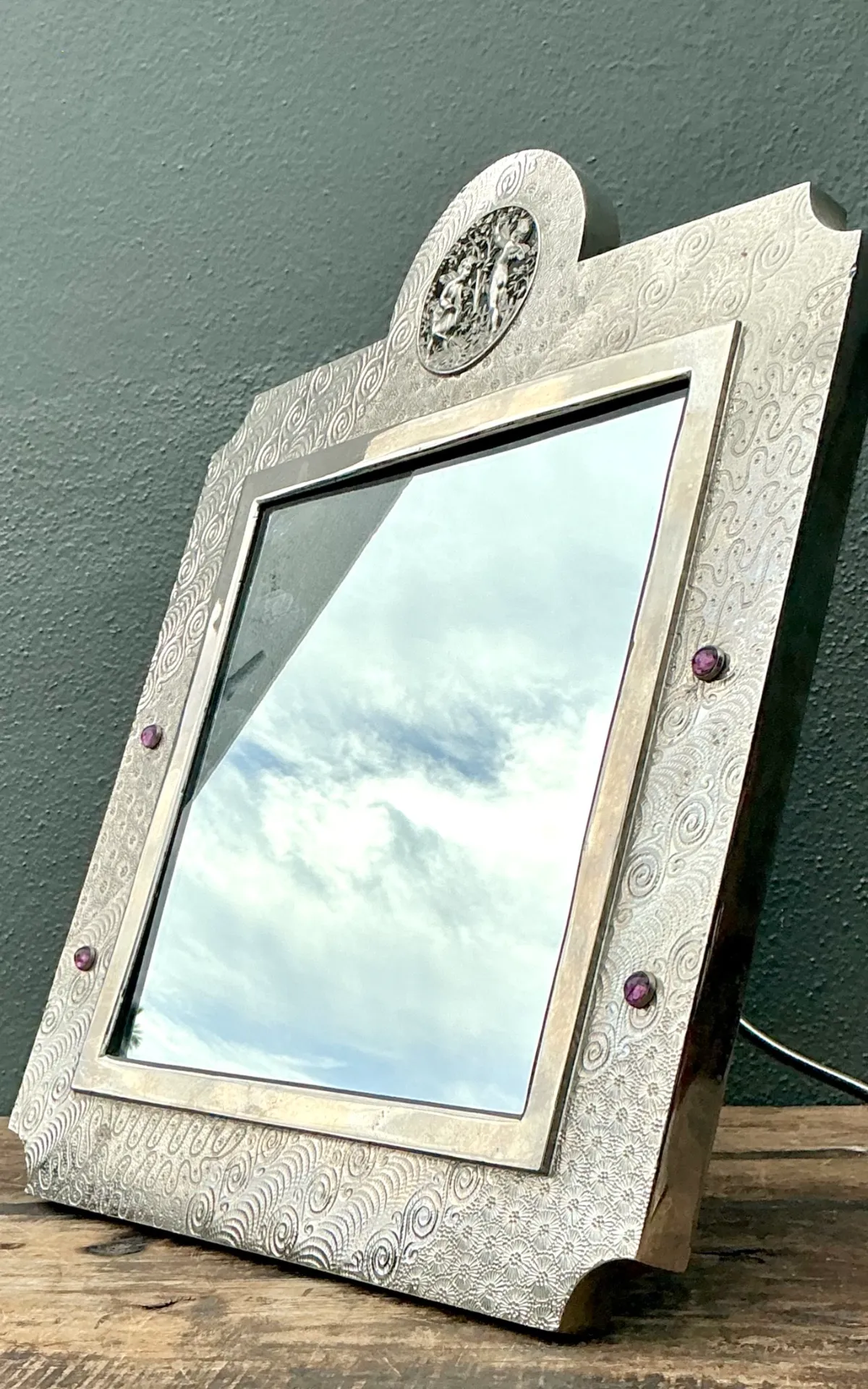 Vintage Silver Decorative Table Mirror with Jeweled Embellishments — additional photo 8