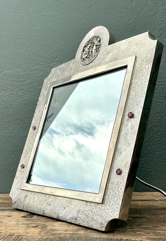 Vintage Silver Decorative Table Mirror with Jeweled Embellishments — additional photo 8