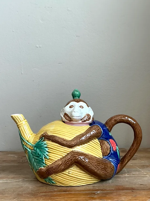 Vintage Hand-Painted Glazed Ceramic Monkey Teapot — additional photo 2
