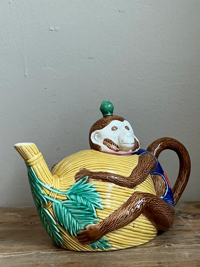 Vintage Hand-Painted Glazed Ceramic Monkey Teapot — additional photo 1
