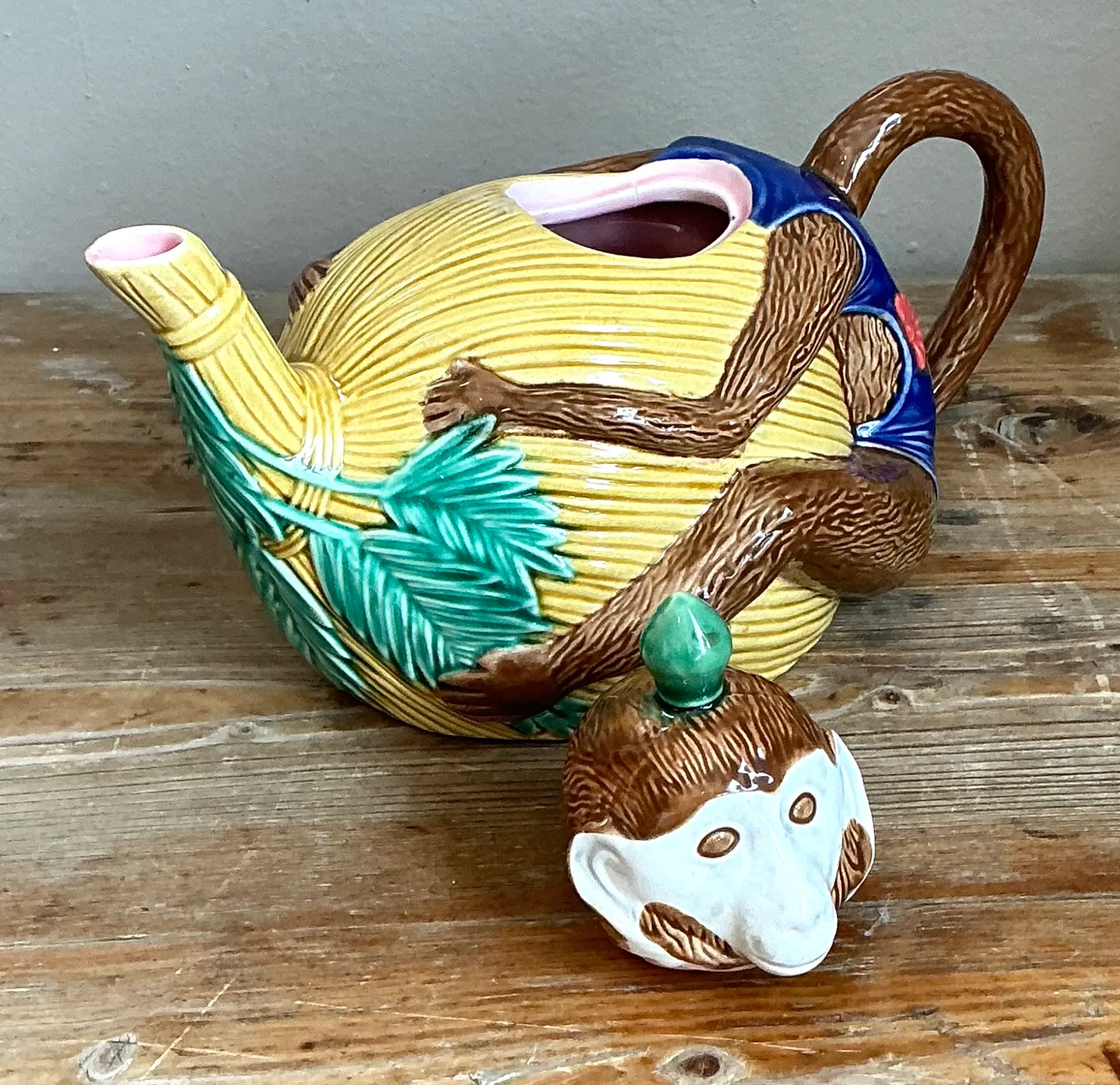 Vintage Hand-Painted Glazed Ceramic Monkey Teapot — additional photo 3
