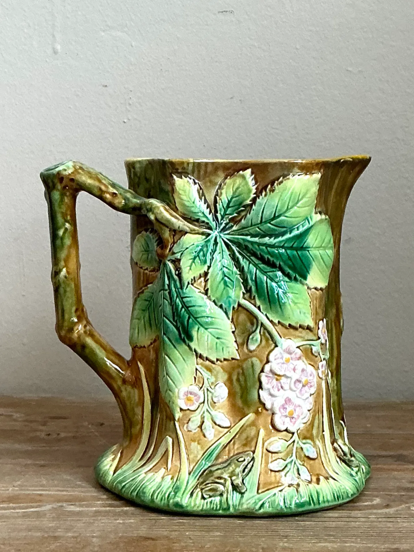 Vintage Majolica Leaf and Blossom Pitcher — additional photo 1