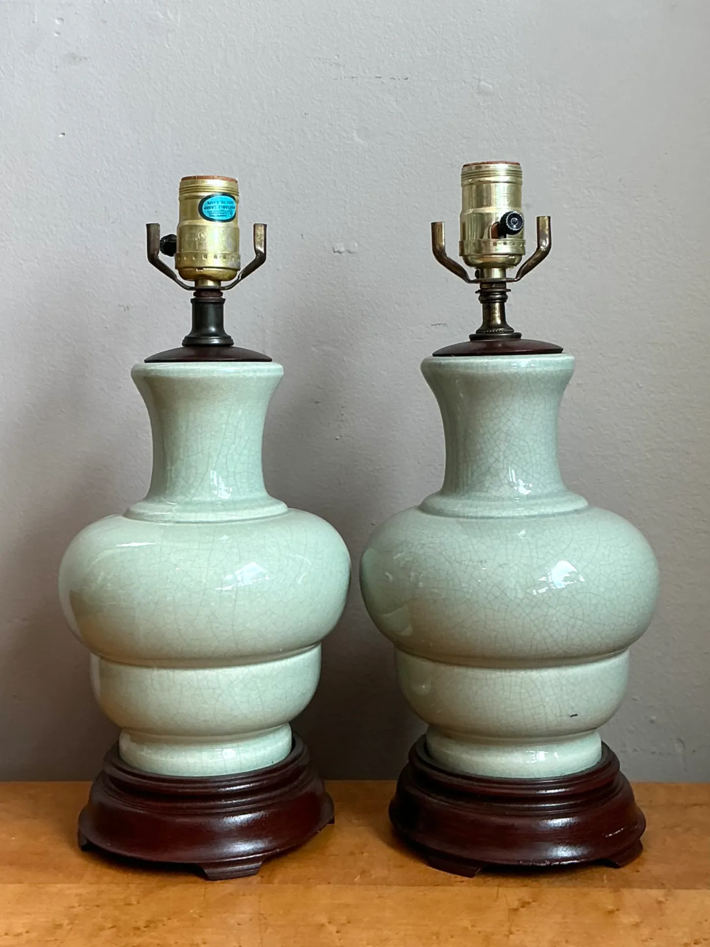 Vintage Celedon Crackle Glazed Ceramic Table Lamps — additional photo 4