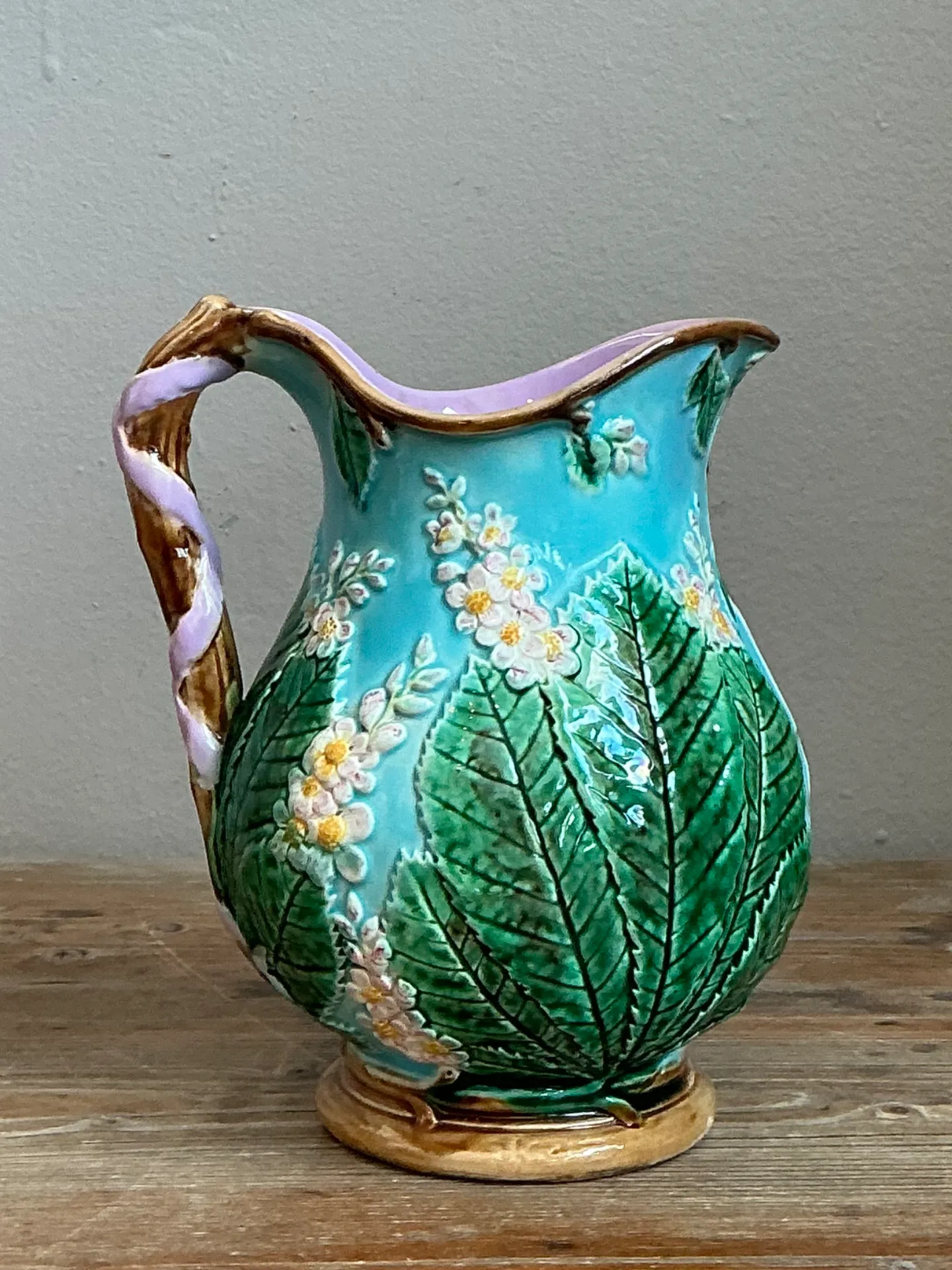 Vintage Majolica Leaf and Blossom Pitcher — additional photo 4