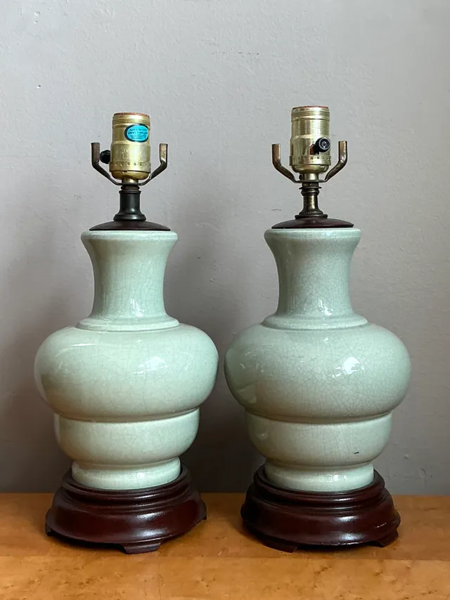 Vintage Celedon Crackle Glazed Ceramic Table Lamps — additional photo 7