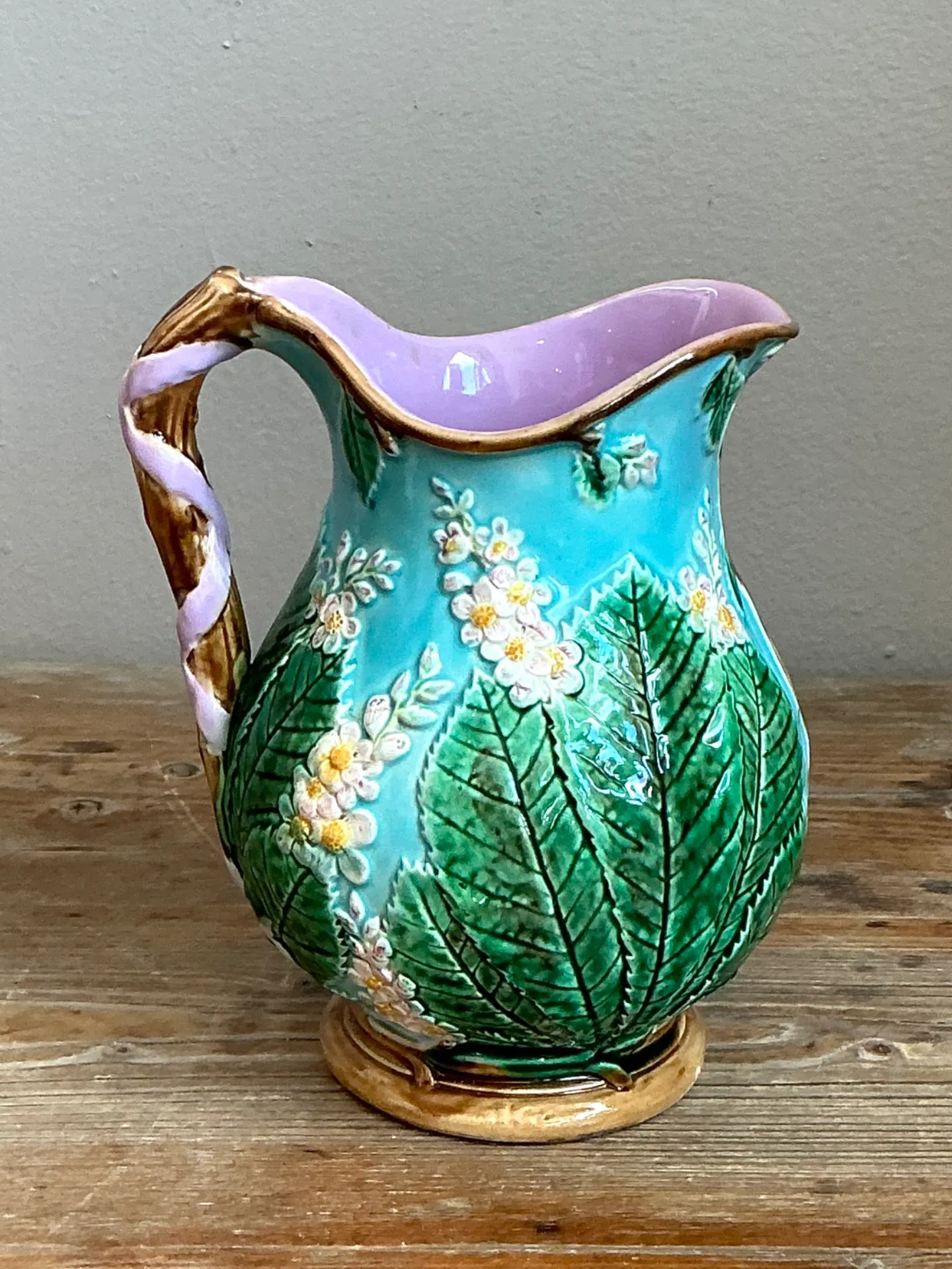 Vintage Majolica Leaf and Blossom Pitcher — additional photo 3