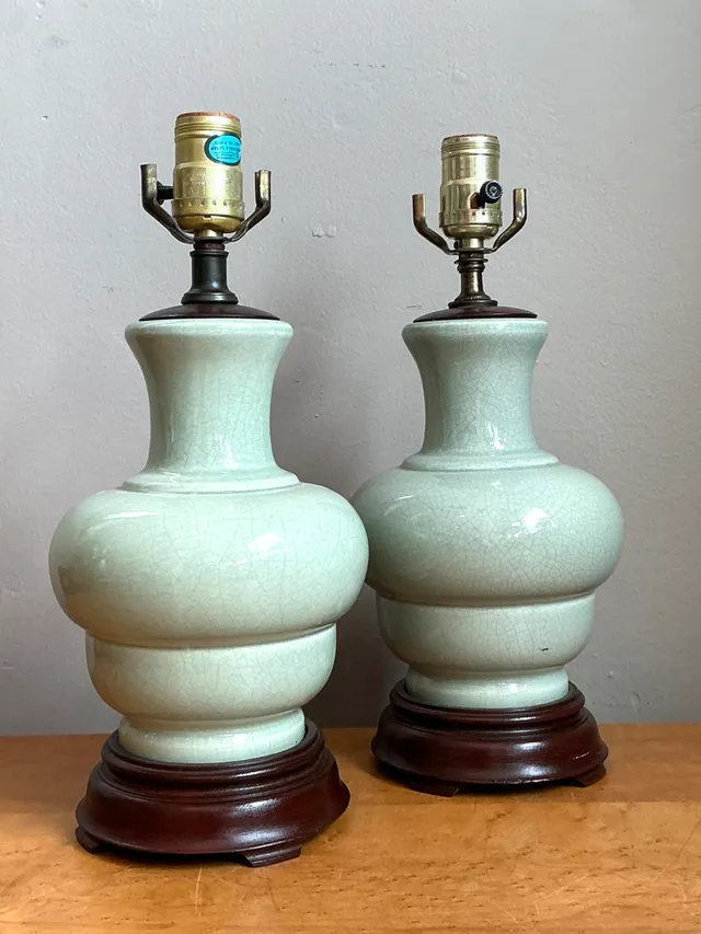 Vintage Celedon Crackle Glazed Ceramic Table Lamps — additional photo 6