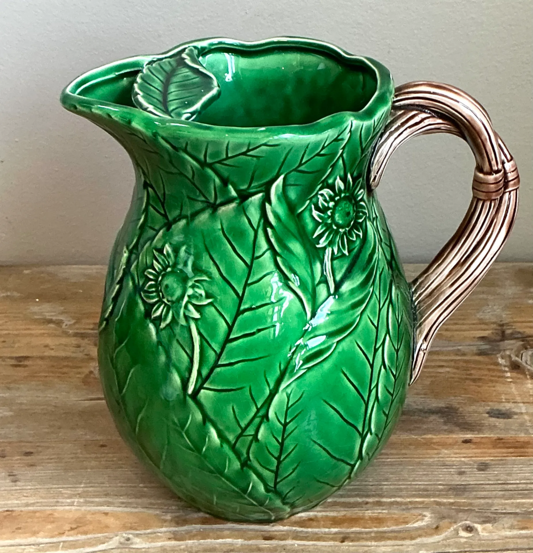 Vintage Glazed Ceramic Leaf Pitcher — additional photo 1