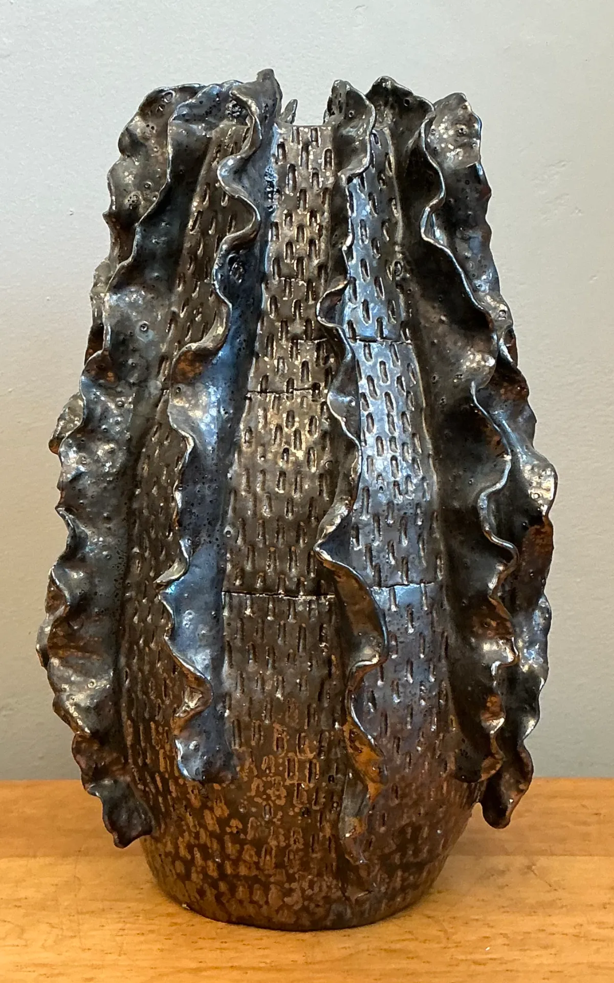 Vintage Silver Ruffle Studio Pottery Vase — additional photo 2